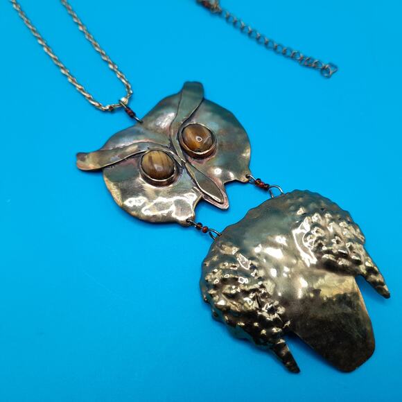 Owl Pendant Gemstone Eyes Necklace, Brass Metal, Gold Tone Chain - Picture 7 of 11